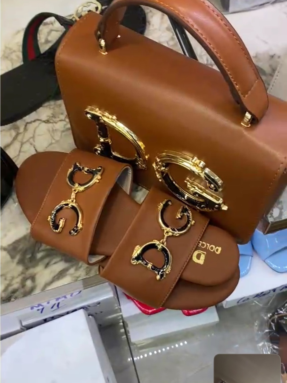 Dolce & Gabbana Brown Leather Top-Handle Bag with Matching Brown Slides